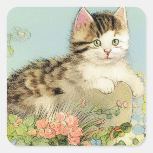 Vintage Katze-Illustration mit rosa Blume Quadratischer Aufkleber