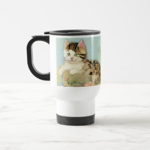 Vintage Katze-Illustration mit rosa Blume Reisebecher