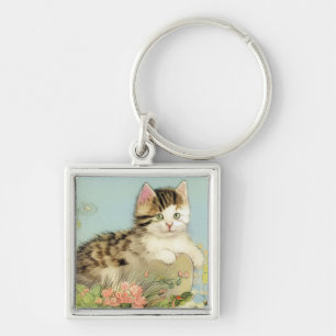Vintage Katze-Illustration mit rosa Blume Schlüsselanhänger