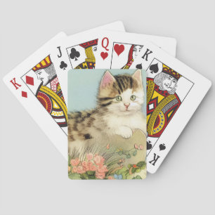 Vintage Katze-Illustration mit rosa Blume Spielkarten