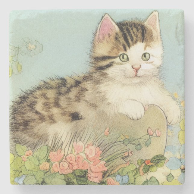 Vintage Katze-Illustration mit rosa Blume Steinuntersetzer (Vorderseite)