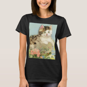 Vintage Katze-Illustration mit rosa Blume T-Shirt
