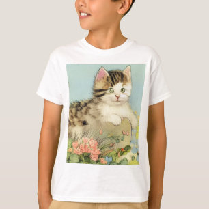 Vintage Katze-Illustration mit rosa Blume T-Shirt