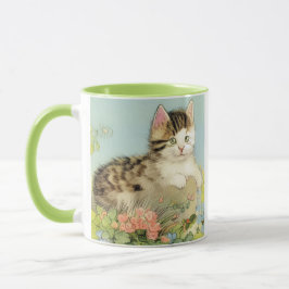 Vintage Katze-Illustration mit rosa Blume Tasse