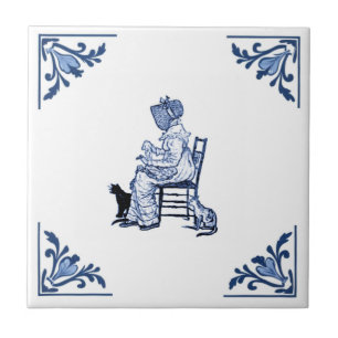 Vintage Katze Lady Delft Corner Blau und Weiß Fliese