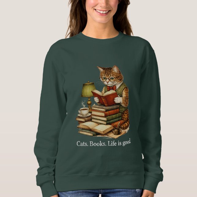 Vintage-Katze-Lesebuch-Pullover für Katzenliebhabe Sweatshirt (Vorderseite)