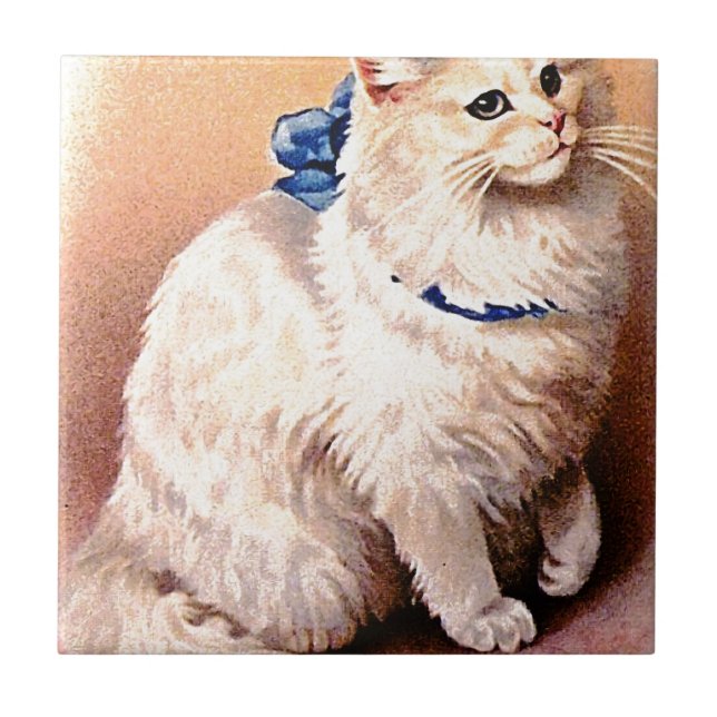 Vintage Katze mit Blue Bow Fliese (Vorderseite)
