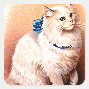 Vintage Katze mit Blue Bow Quadratischer Aufkleber