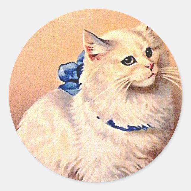 Vintage Katze mit Blue Bow Runder Aufkleber (Vorderseite)