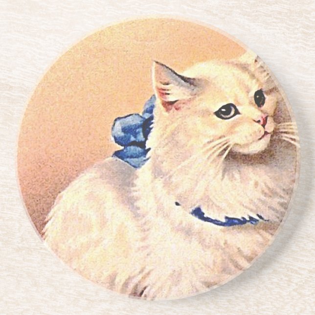 Vintage Katze mit Blue Bow Sandstein Untersetzer (Vorne)