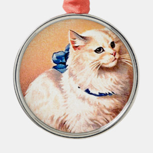 Vintage Katze mit Blue Bow Silbernes Ornament