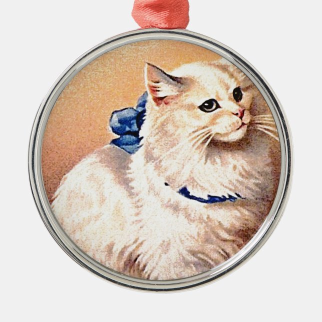 Vintage Katze mit Blue Bow Silbernes Ornament (Vorne)