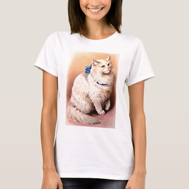 Vintage Katze mit Blue Bow T-Shirt (Vorderseite)