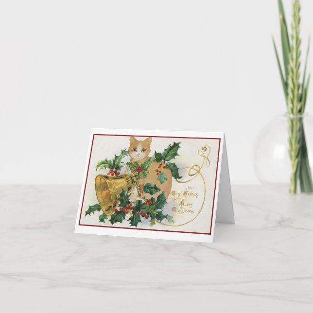 Vintage Katze mit Glocken und Heiligabend Karte (Vorderseite)