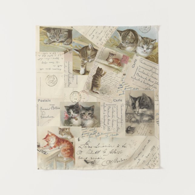 Vintage Katze Postkarte Französisch Kätzchen Tapes Wandteppich (Vorderseite)