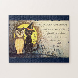 Vintage-Katze und Eule - Halloween-Jigsaw-Puzzle Puzzle