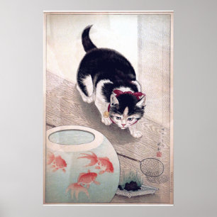 Vintage Katze und Goldfish Bowl Japanische Kunst Poster