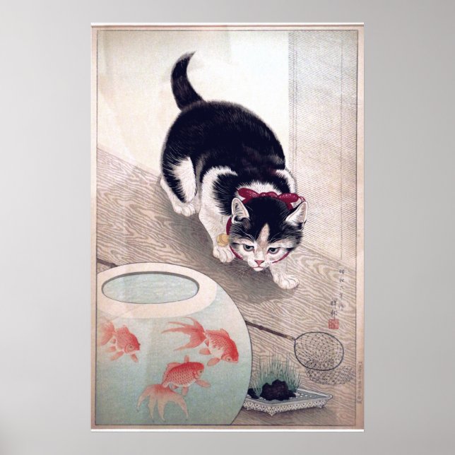 Vintage Katze und Goldfish Bowl Japanische Kunst Poster (Vorne)