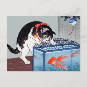 Vintage Katze und Goldfish Postkarte