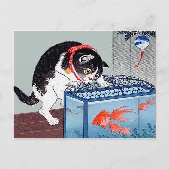 Vintage Katze und Goldfish Postkarte (Vorderseite)