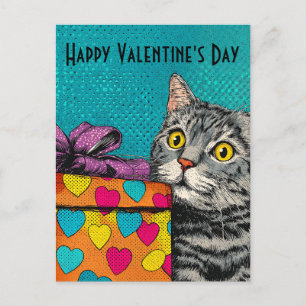 Vintage-Katze- und Herz-Geschenkbox Valentinstag Postkarte