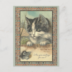 Vintage Katze und Maus "Warten auf mich?" Postkarte