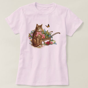 Vintage-Katze und Rosen Pink T-Shirt