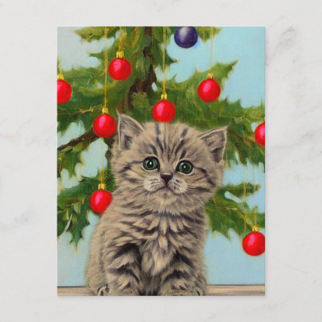 Vintage Katze und Weihnachtsbaum Begleitkarte (Vorderseite)