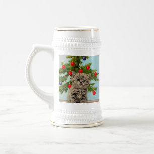 Vintage Katze und Weihnachtsbaum Bierglas