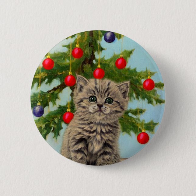 Vintage Katze und Weihnachtsbaum Button (Vorderseite)
