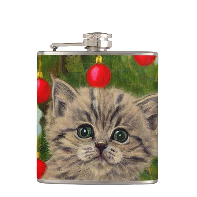 Vintage Katze und Weihnachtsbaum Flachmann (Vorderseite)