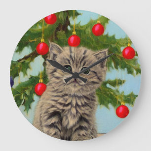 Vintage Katze und Weihnachtsbaum Große Wanduhr