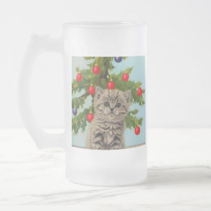 Vintage Katze und Weihnachtsbaum Mattglas Bierglas