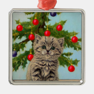 Vintage Katze und Weihnachtsbaum Ornament Aus Metall