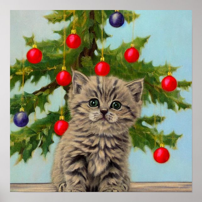Vintage Katze und Weihnachtsbaum Poster (Vorne)