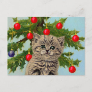 Vintage-Katze und Weihnachtsbaum Postkarte