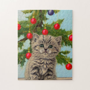 Vintage Katze und Weihnachtsbaum Puzzle