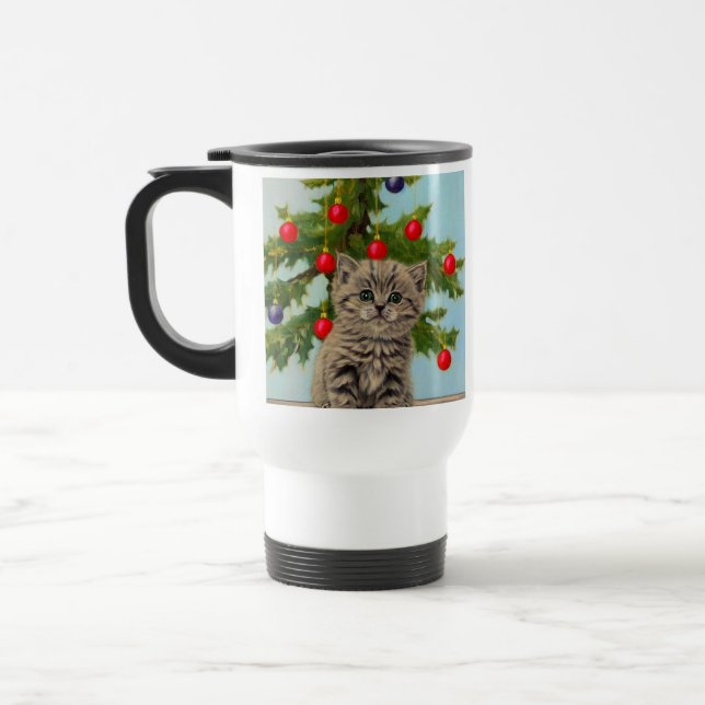 Vintage Katze und Weihnachtsbaum Reisebecher (Links)