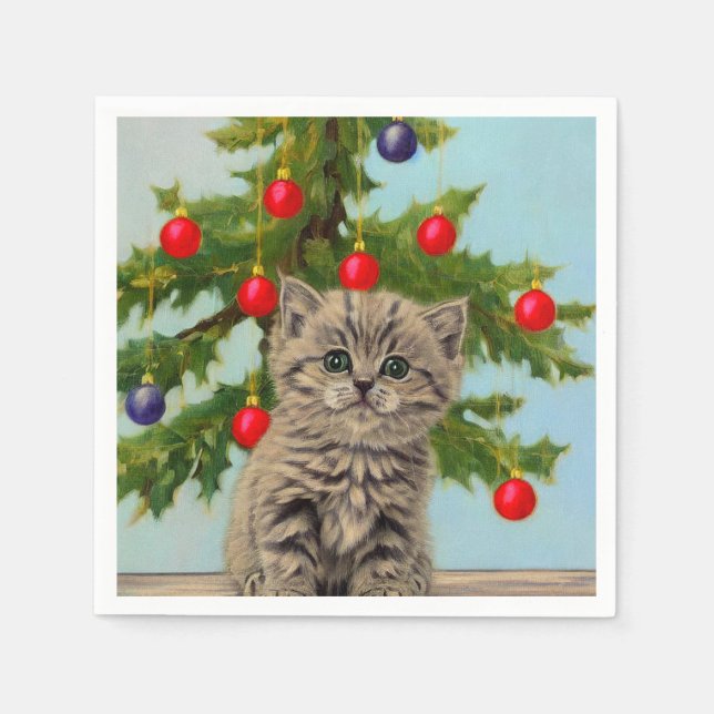 Vintage Katze und Weihnachtsbaum Serviette (Vorderseite)