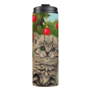 Vintage Katze und Weihnachtsbaum Thermosbecher