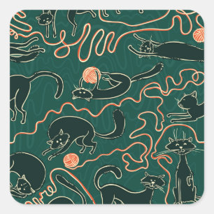 Vintage Katzen: Doodle Nahtloses Muster Quadratischer Aufkleber