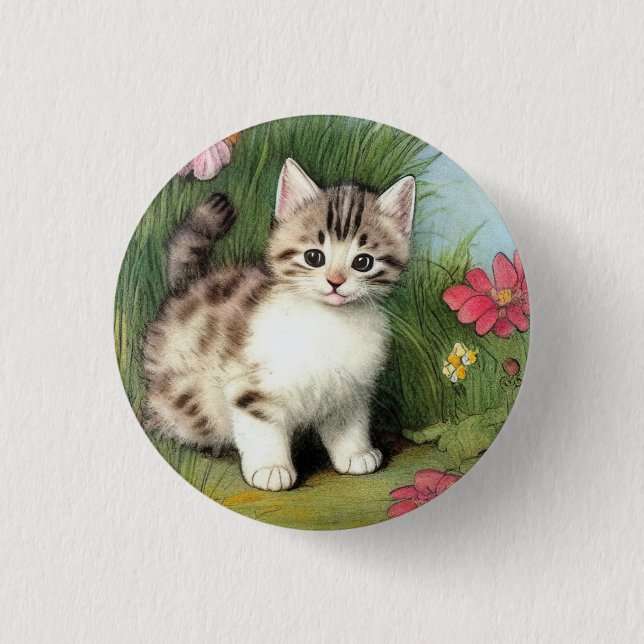 Vintage Katzen-Illustration mit roten Blume Button (Vorderseite)
