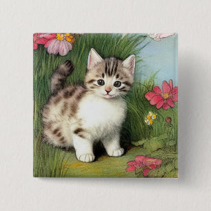 Vintage Katzen-Illustration mit roten Blume Button