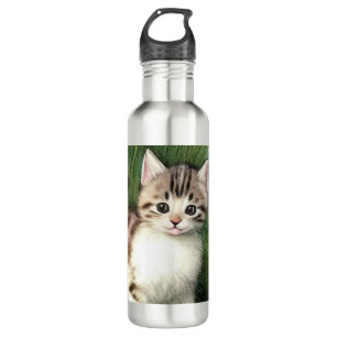 Vintage Katzen-Illustration mit roten Blume Edelstahlflasche