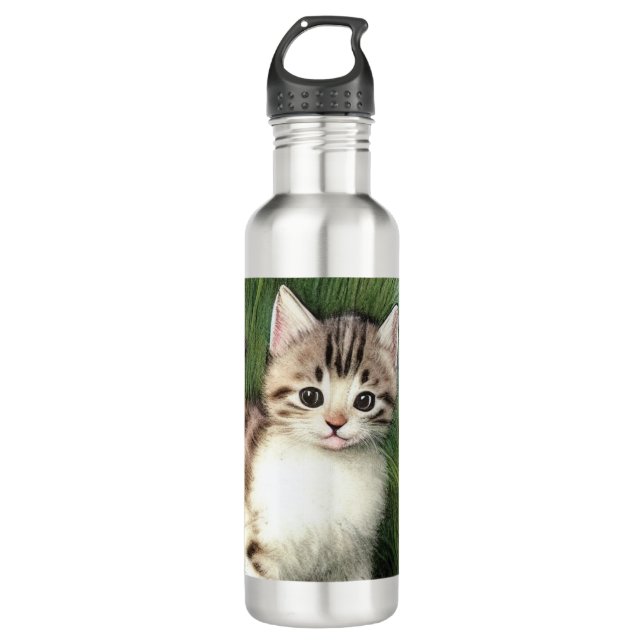 Vintage Katzen-Illustration mit roten Blume Edelstahlflasche (Vorderseite)