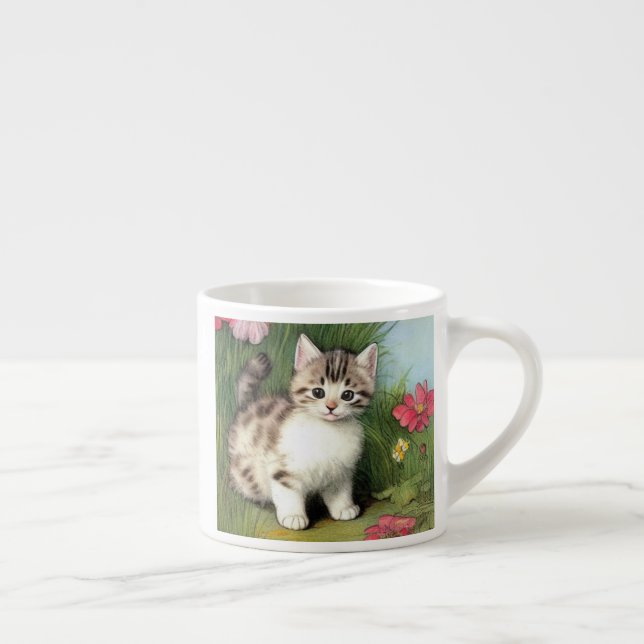 Vintage Katzen-Illustration mit roten Blume Espressotasse (Rechts)