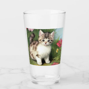 Vintage Katzen-Illustration mit roten Blume Glas