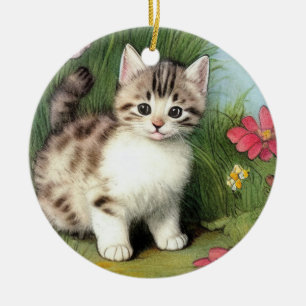 Vintage Katzen-Illustration mit roten Blume Keramik Ornament