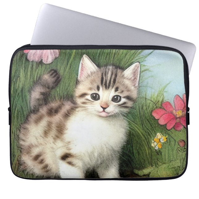 Vintage Katzen-Illustration mit roten Blume Laptopschutzhülle (Vorderseite)