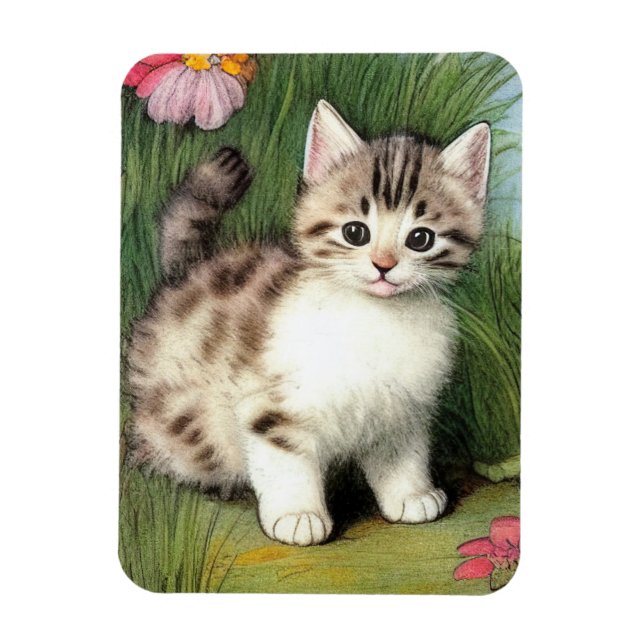 Vintage Katzen-Illustration mit roten Blume Magnet (Vertikal)